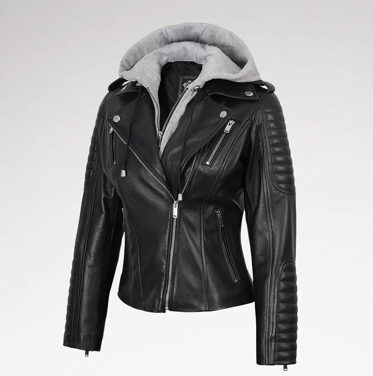 A black faux-leather moto jacket with a gray sherpa-lined hood, featuring quilted sleeve panels and silver zippers, shown on a light gray background.