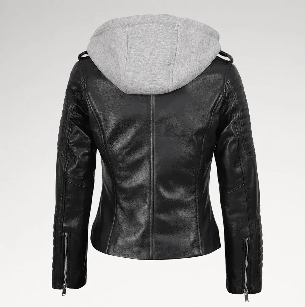 Black faux leather moto jacket with a light gray heathered hood, shown from the back on a white background.