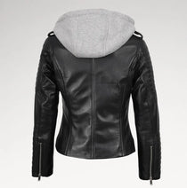 Black faux leather moto jacket with a light gray heathered hood, shown from the back on a white background.