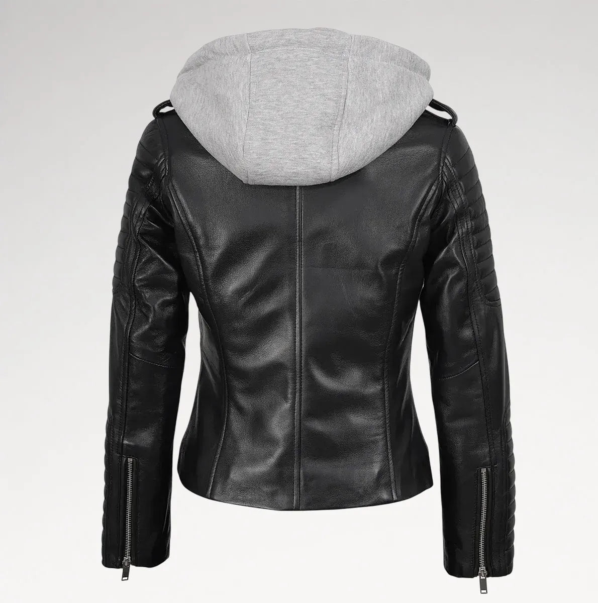 Black faux leather moto jacket with a light gray heathered hood, shown from the back on a white background.