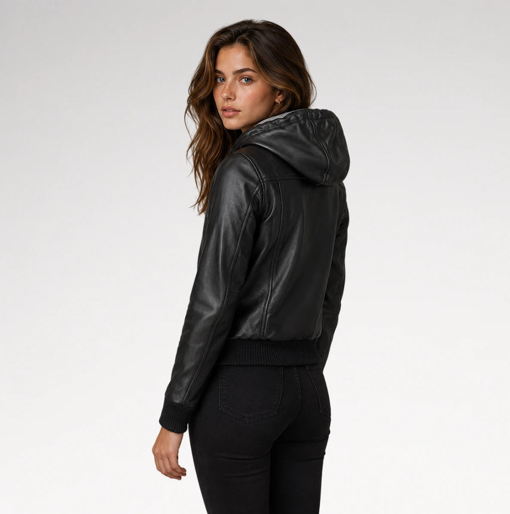 Vetta Black Hooded Bomber Leather Jacket