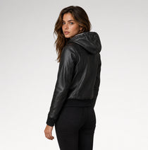 Vetta Black Hooded Bomber Leather Jacket