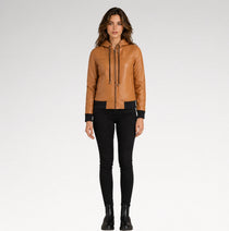 Vetta Brown Hooded Bomber Leather Jacket