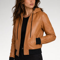 Vetta Brown Hooded Bomber Leather Jacket