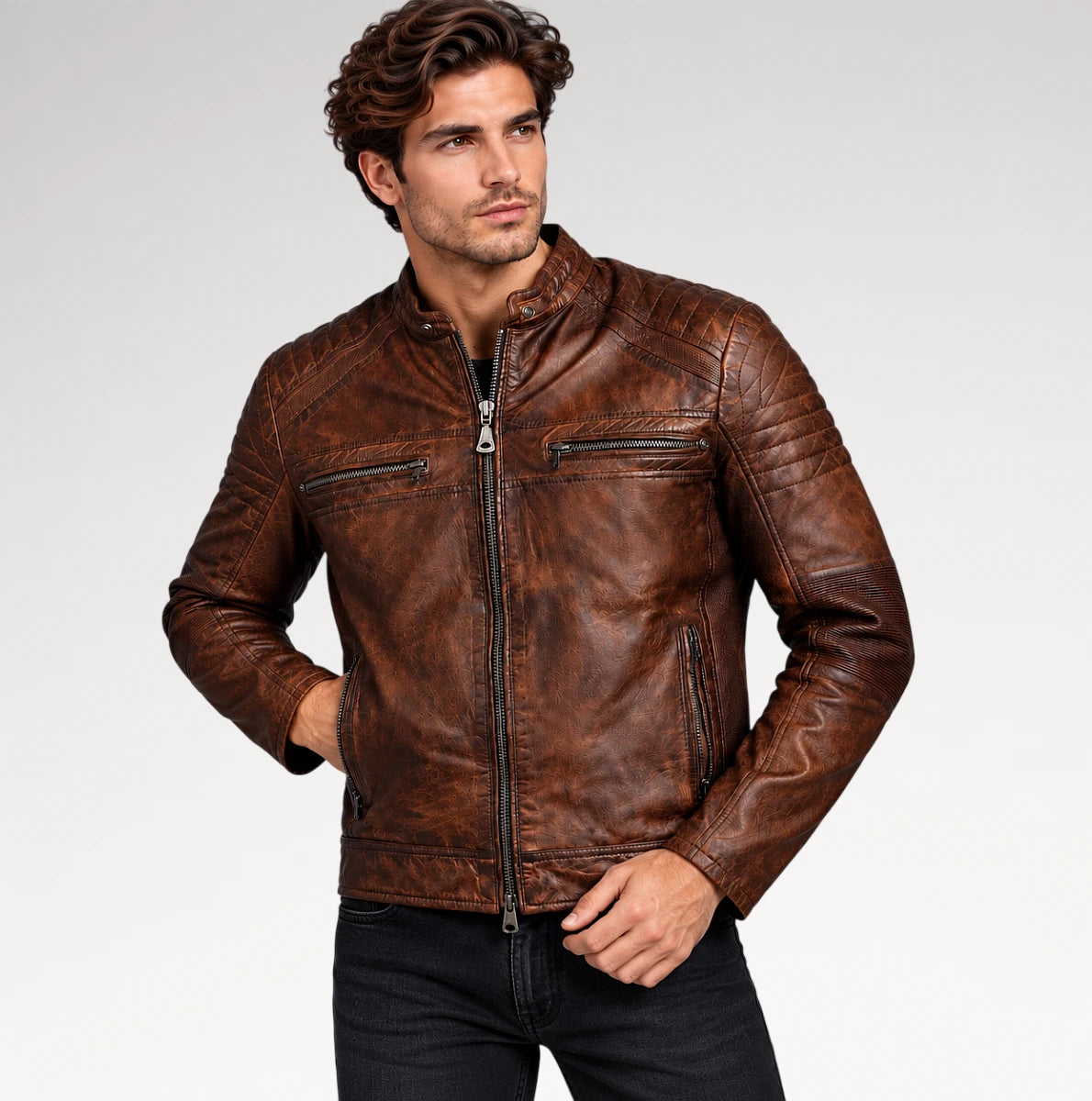 A man wearing a brown distressed leather motorcycle jacket, paired with black jeans, photographed against a light gray studio background.