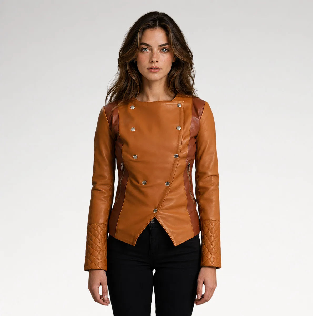A woman modeling a tan leather jacket with silver-tone snap buttons and quilted sleeve details, paired with black pants, against a light gray studio background. Main image
