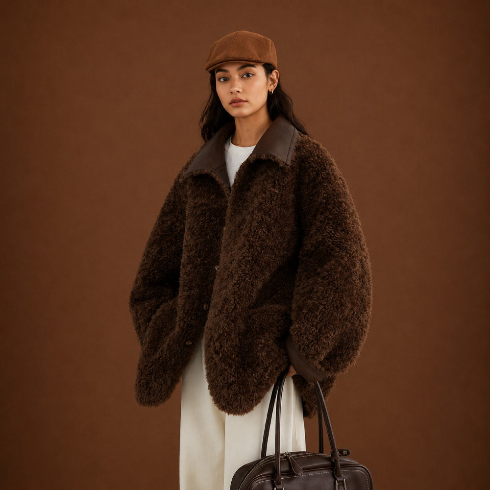 Person wearing a brown fluffy coat and hat against a brown background