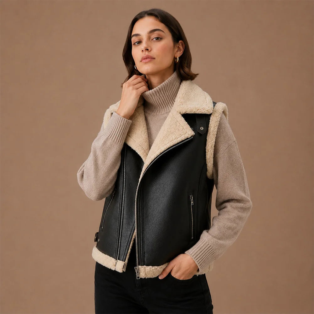 Women Biker Shearling Leather Vest