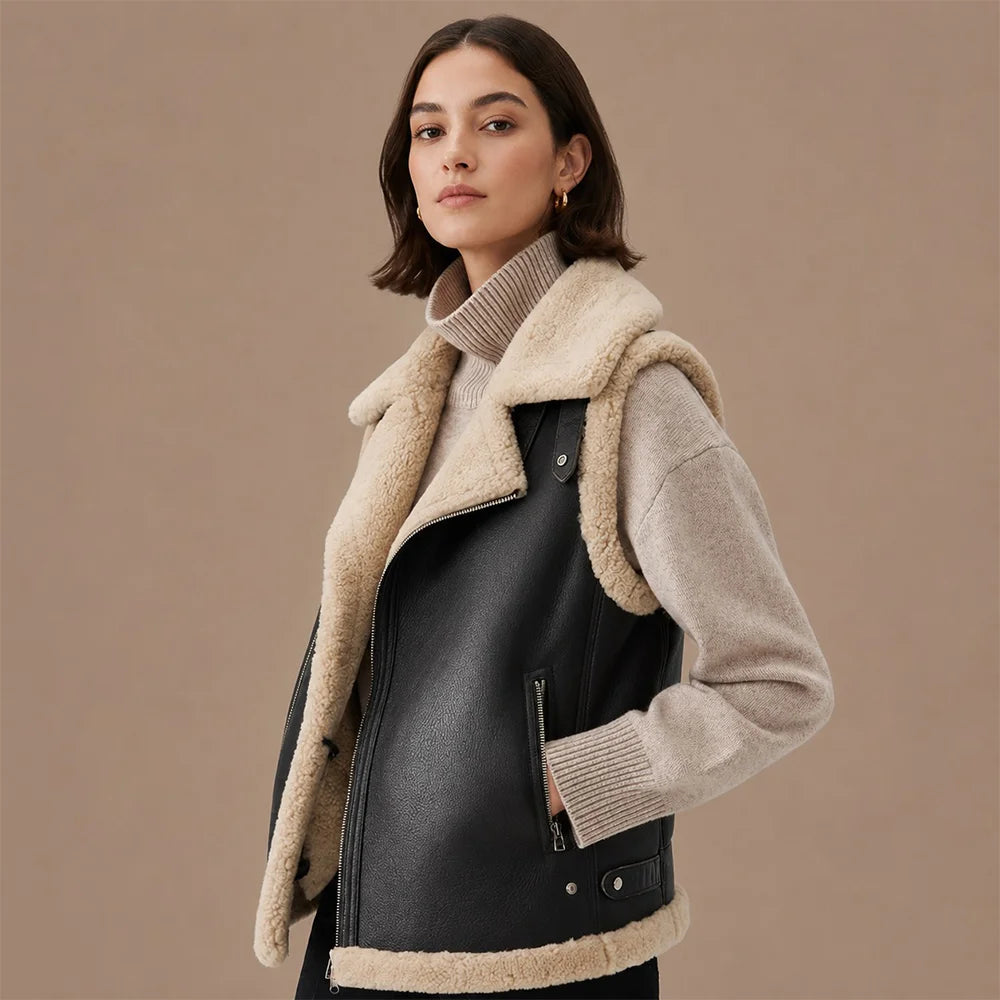 Women Biker Shearling Leather Vest