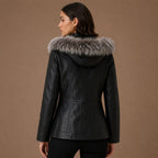 Women Black Trim Shearling Hooded Leather Jacket