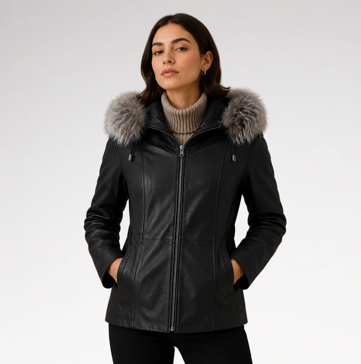 A woman wearing a black faux-leather parka jacket with a large gray faux-fur trimmed hood, styled over a beige ribbed turtleneck sweater and black pants, photographed against a light gray studio background.