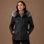 Women Black Trim Shearling Hooded Leather Jacket