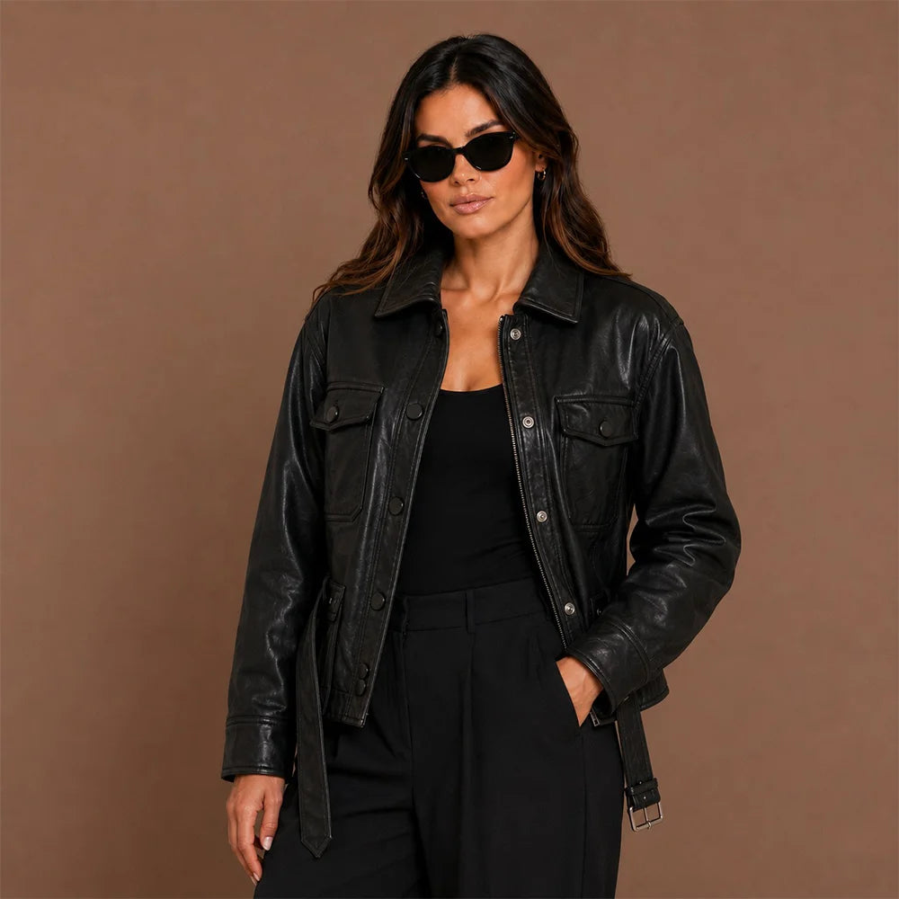 Women Black Cowhide Leather Jacket