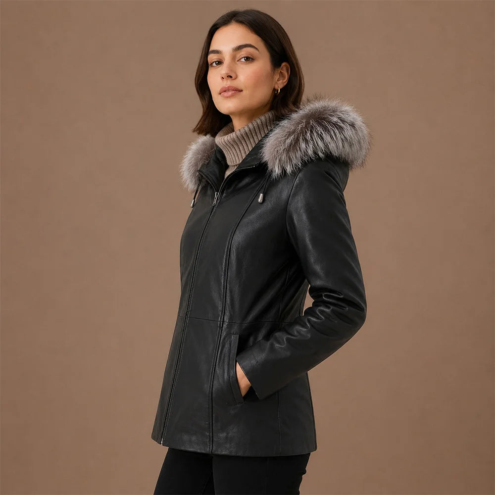 Women Black Trim Shearling Hooded Leather Jacket Secondary image