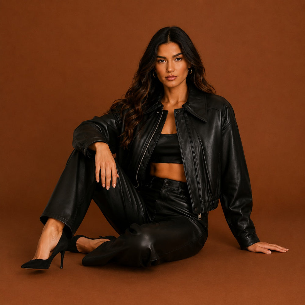Woman wearing a black leather jacket and pants sitting on a brown background