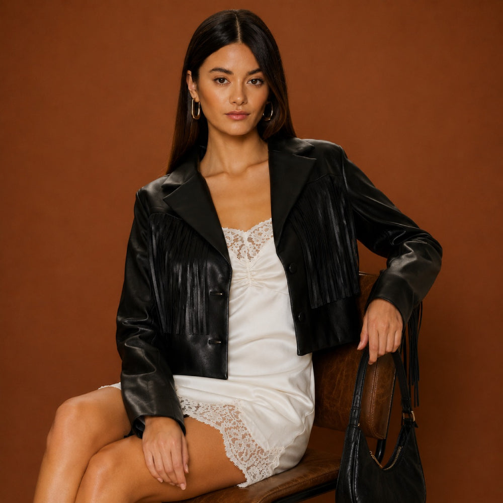 Woman wearing a black leather jacket over a white dress against a brown background