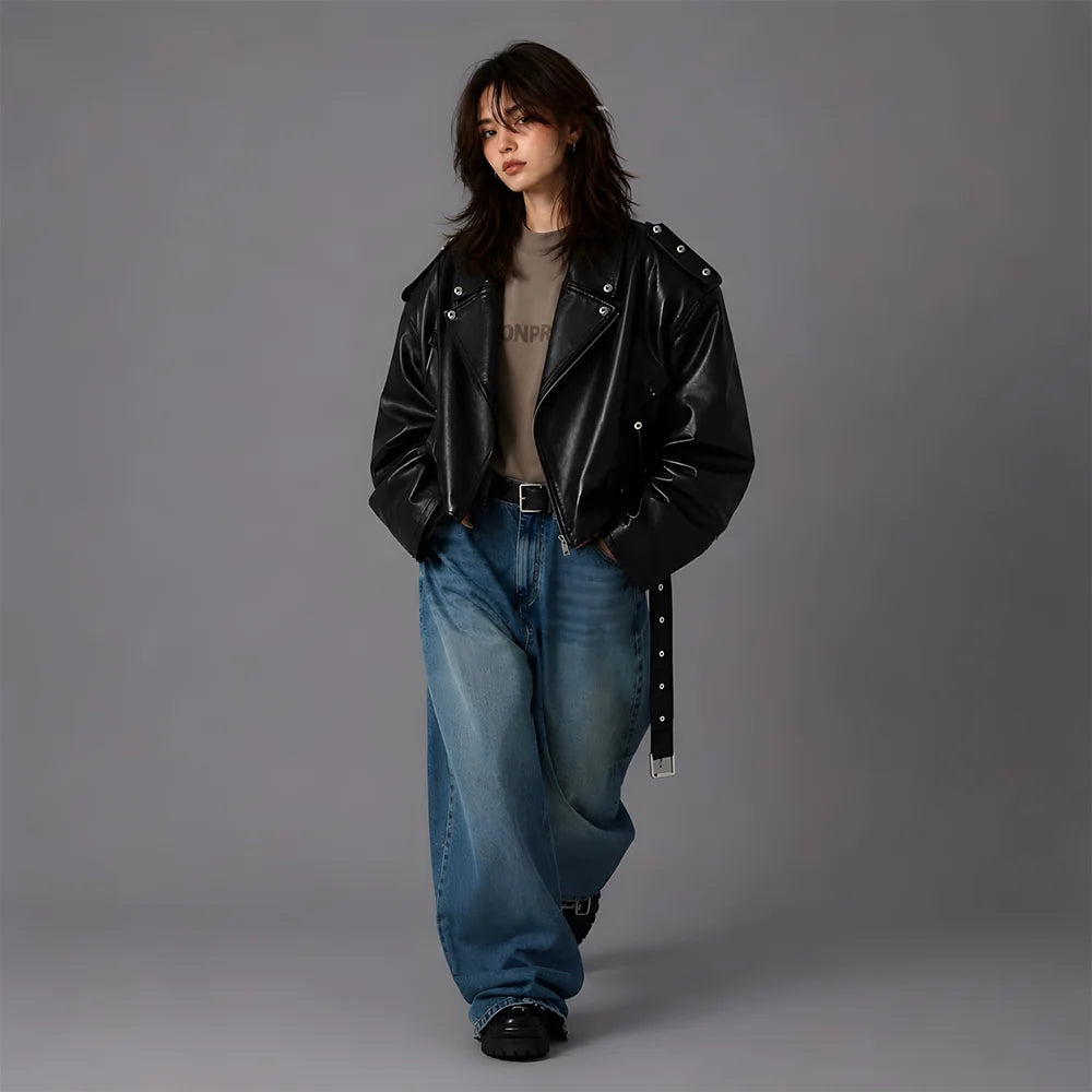 Unisex Black Oversized Biker Leather Jacket