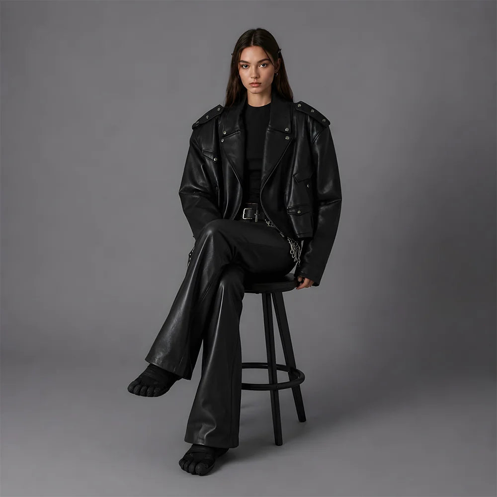 Unisex Black Oversized Biker Leather Jacket