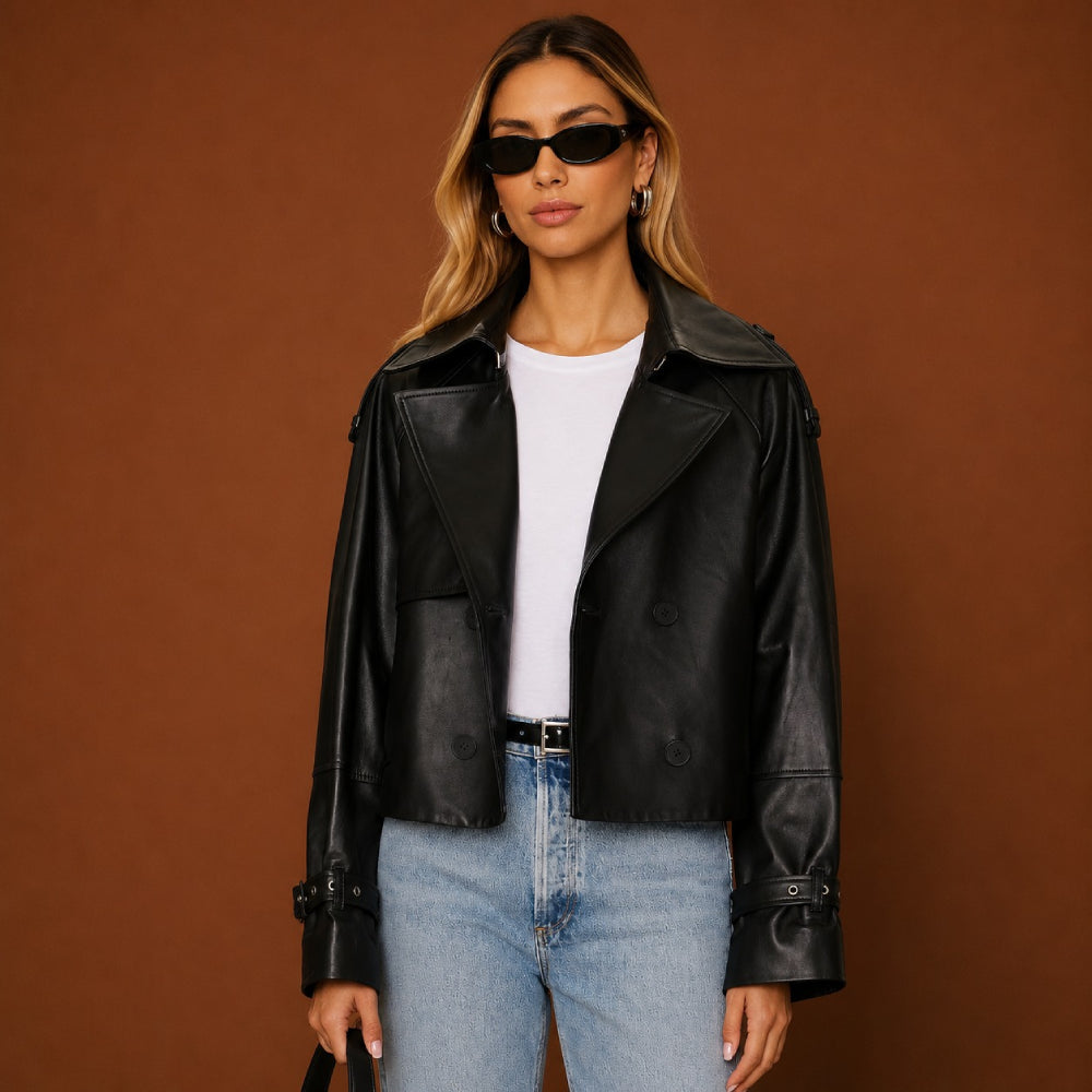 Woman wearing a black leather jacket, white top, and blue jeans against a brown background