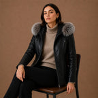Women Black Trim Shearling Hooded Leather Jacket