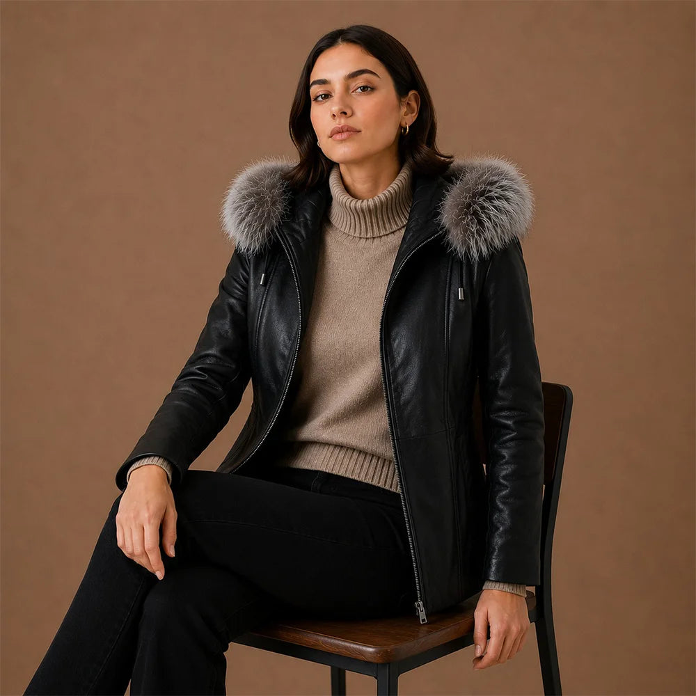 Women Black Trim Shearling Hooded Leather Jacket