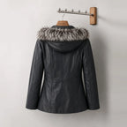 Women Black Trim Shearling Hooded Leather Jacket