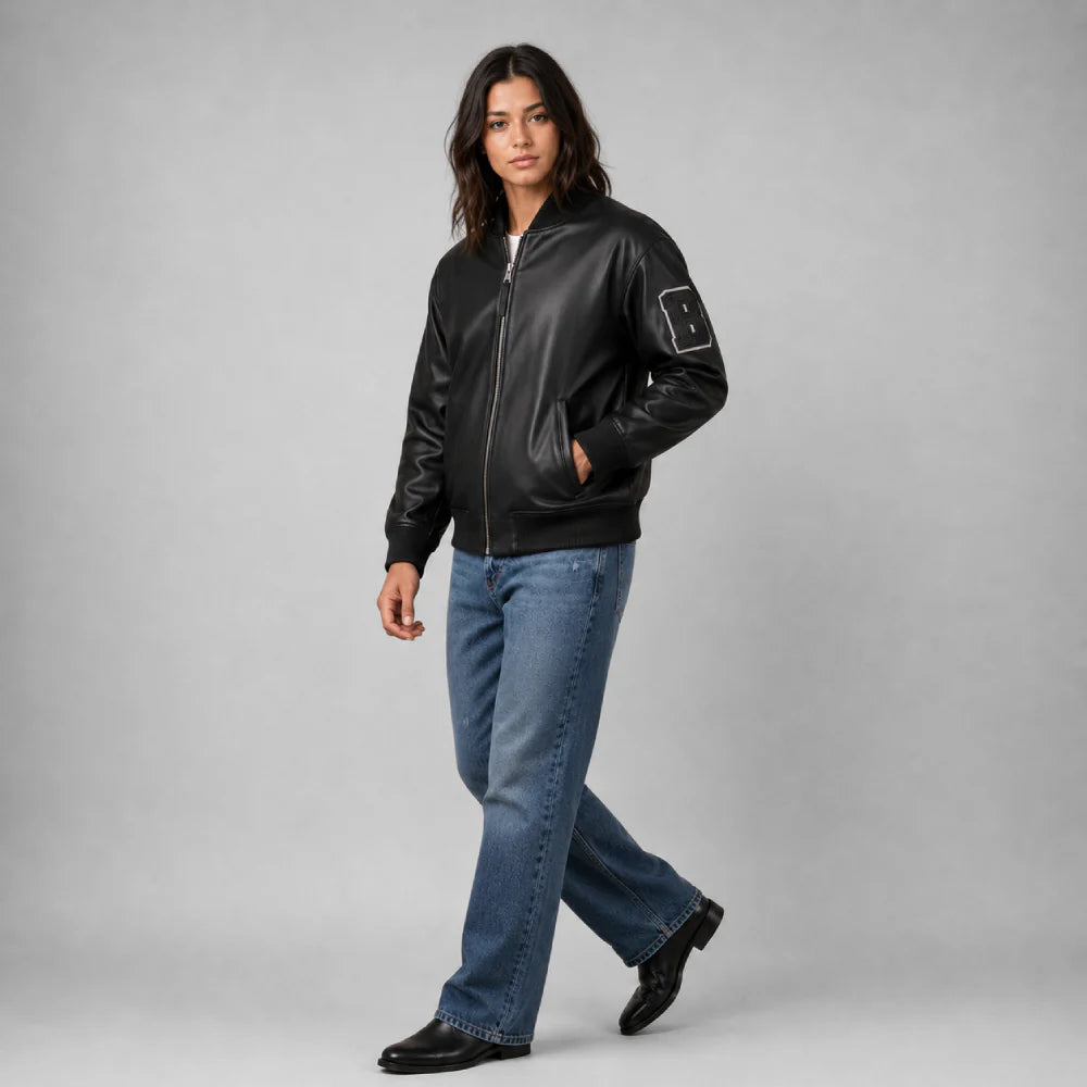Unisex Black Varsity Real Leather Jacket