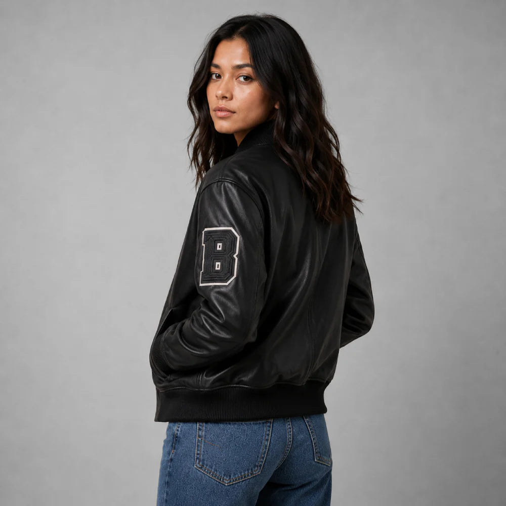Unisex Black Varsity Real Leather Jacket
