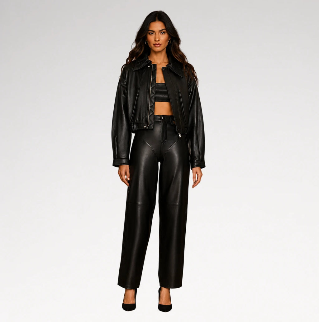 Valentina Cropped Black Bomber Leather Jacket