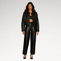 Valentina Cropped Black Bomber Leather Jacket