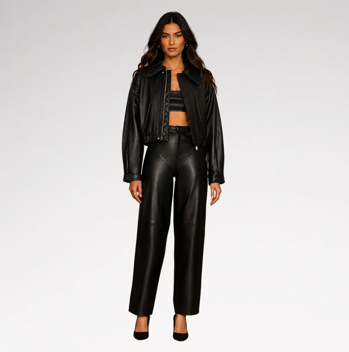 Valentina Cropped Black Bomber Leather Jacket