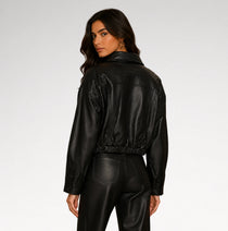 Valentina Cropped Black Bomber Leather Jacket