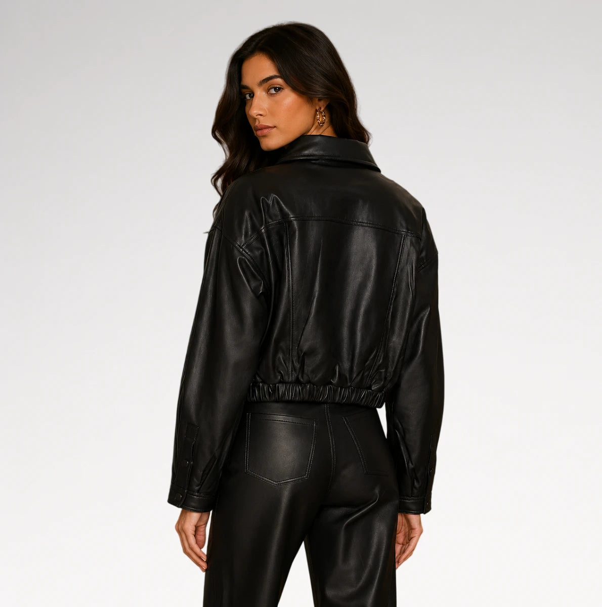 Valentina Cropped Black Bomber Leather Jacket