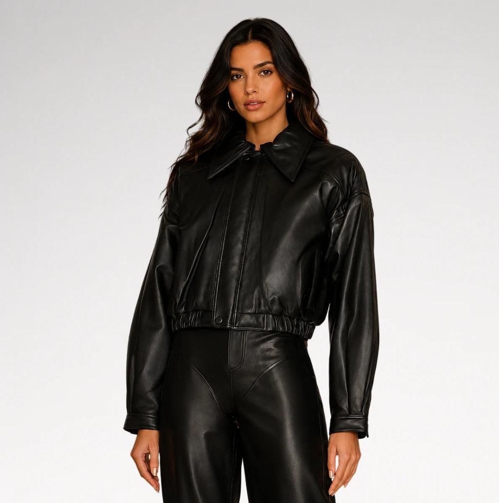 Valentina Cropped Black Bomber Leather Jacket