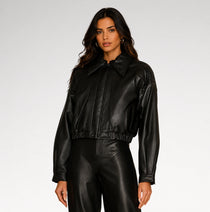 Valentina Cropped Black Bomber Leather Jacket