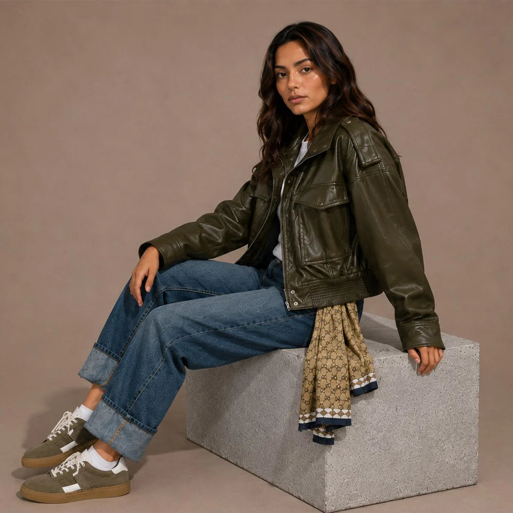 Women Olive Green Cropped Leather Jacket Secondary image