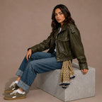 Women Olive Green Cropped Leather Jacket