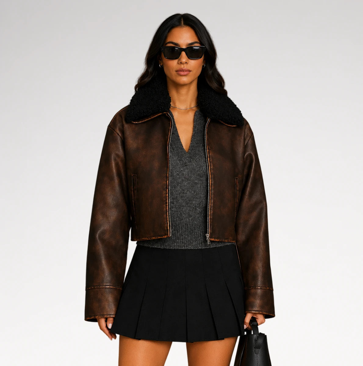 A woman modeling a brown leather jacket with a black shearling-style collar, worn over a gray knit top and a black pleated mini skirt, against a plain light gray studio background. Main image