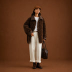 Person wearing a brown fur coat, white pants, and holding a black bag against a brown background