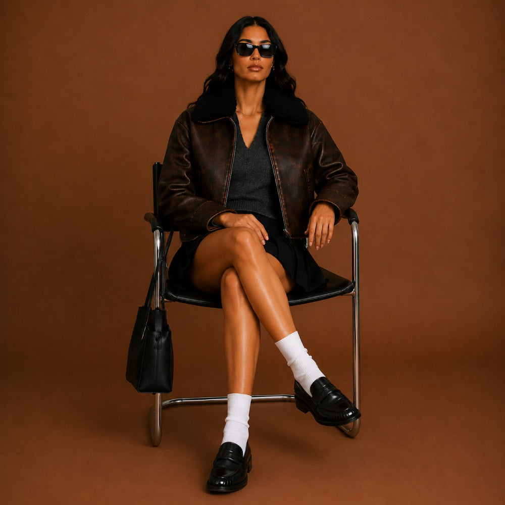 Woman sitting on a chair wearing a brown leather jacket and sunglasses against a brown background