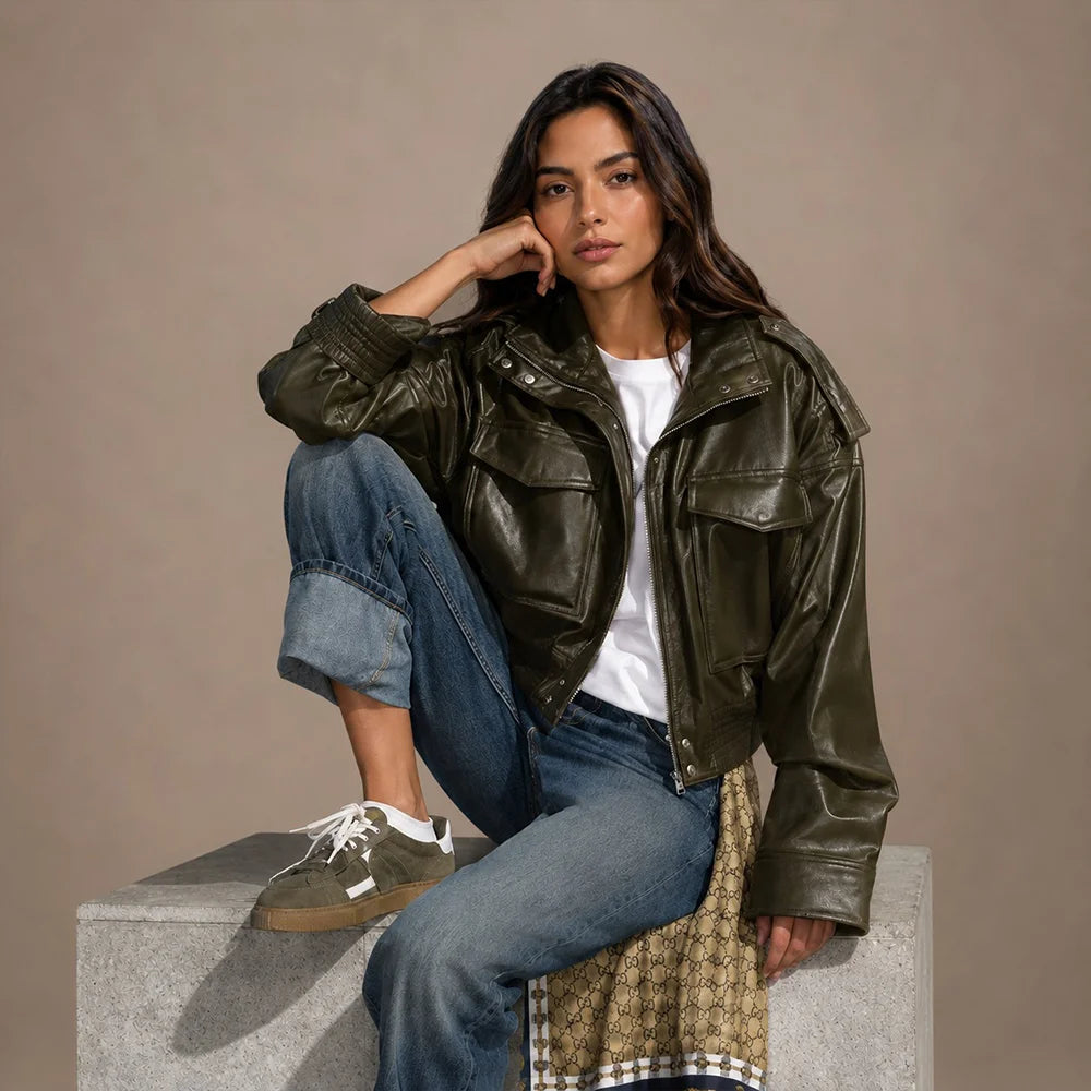 Women Olive Green Cropped Leather Jacket