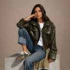 Women Olive Green Cropped Leather Jacket
