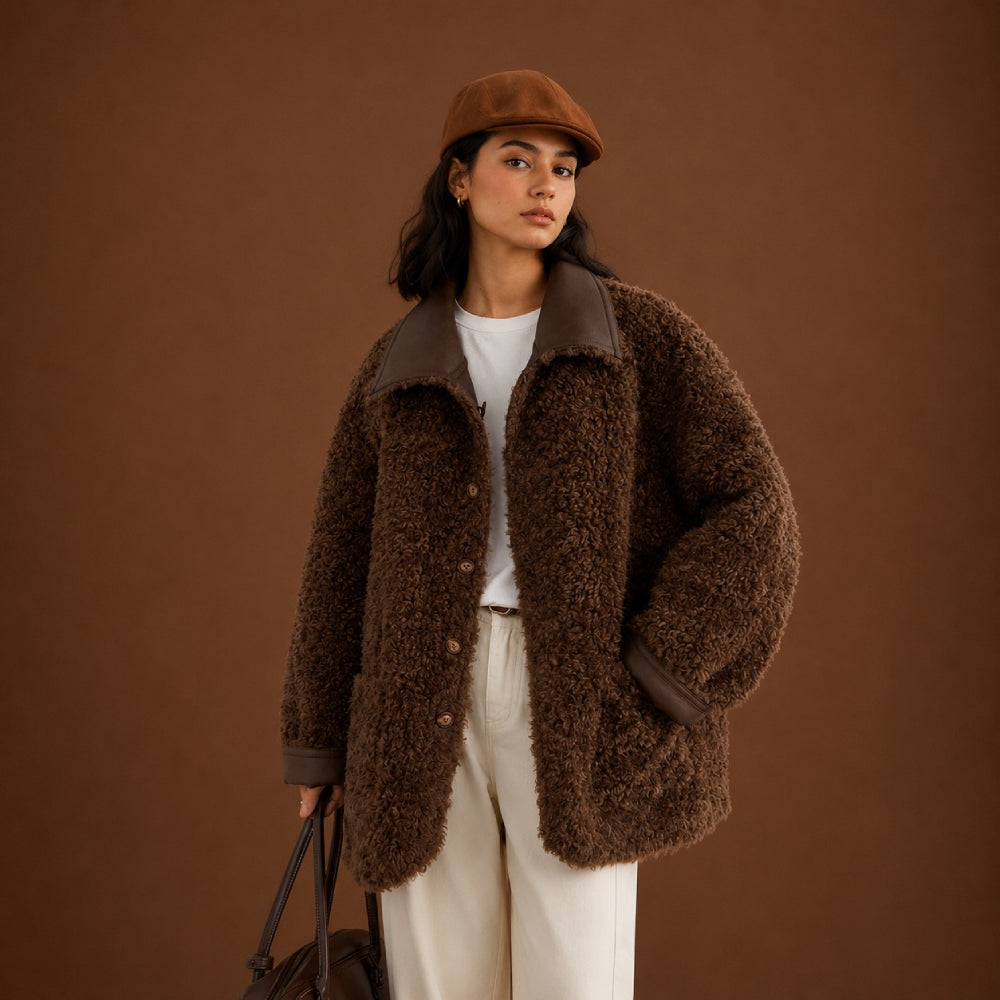Woman wearing a brown teddy coat and cap against a brown background