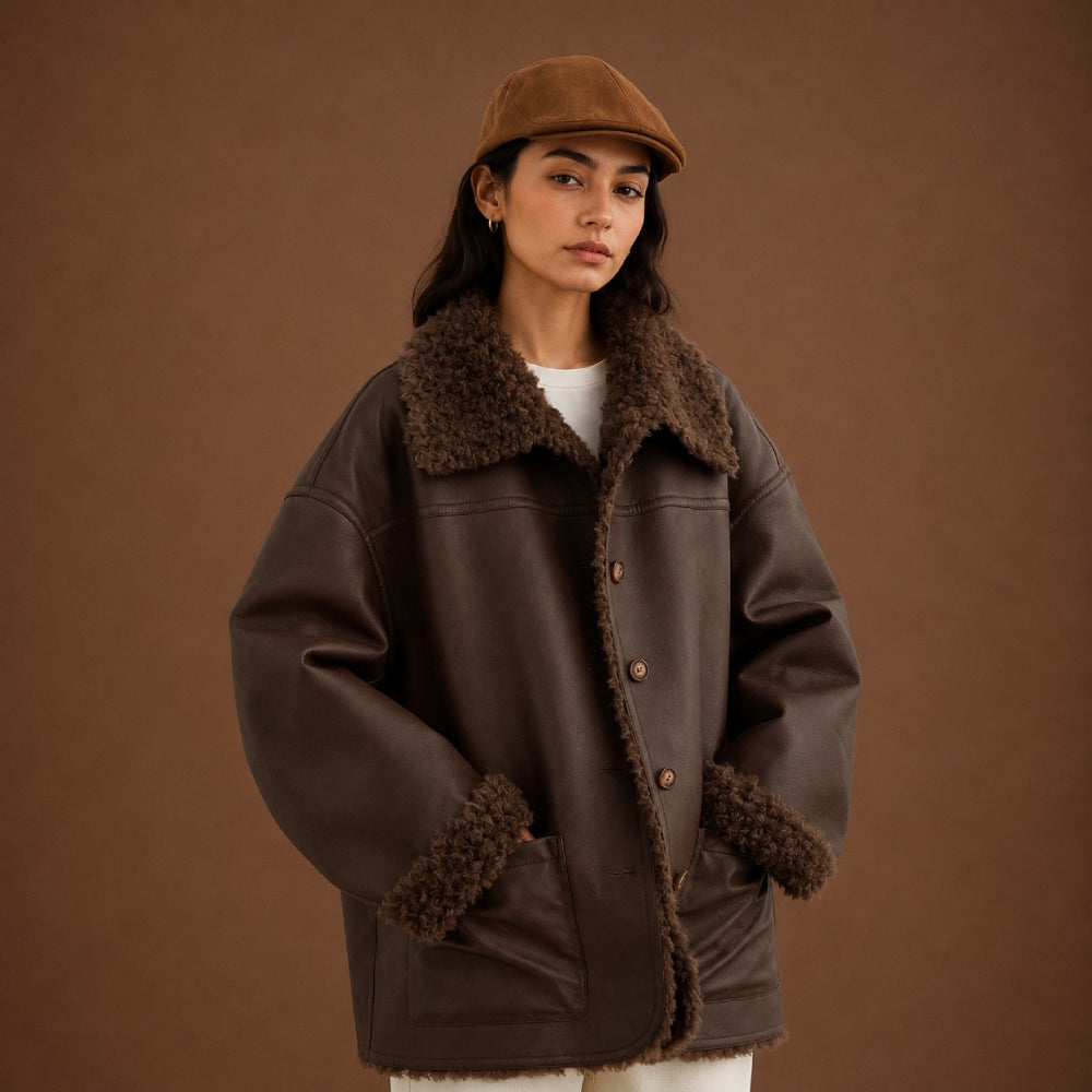 Person wearing a brown shearling jacket and hat against a brown background