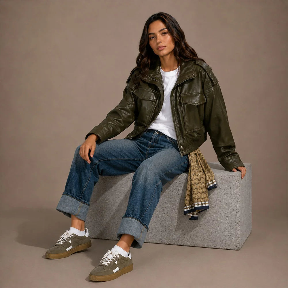 Women Olive Green Cropped Leather Jacket