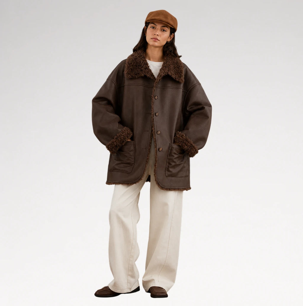 A model stands against a light gray studio background wearing an oversized dark brown jacket with a brown faux-fur collar and cuffs, paired with cream wide-leg trousers, a brown cap, and dark brown shoes.