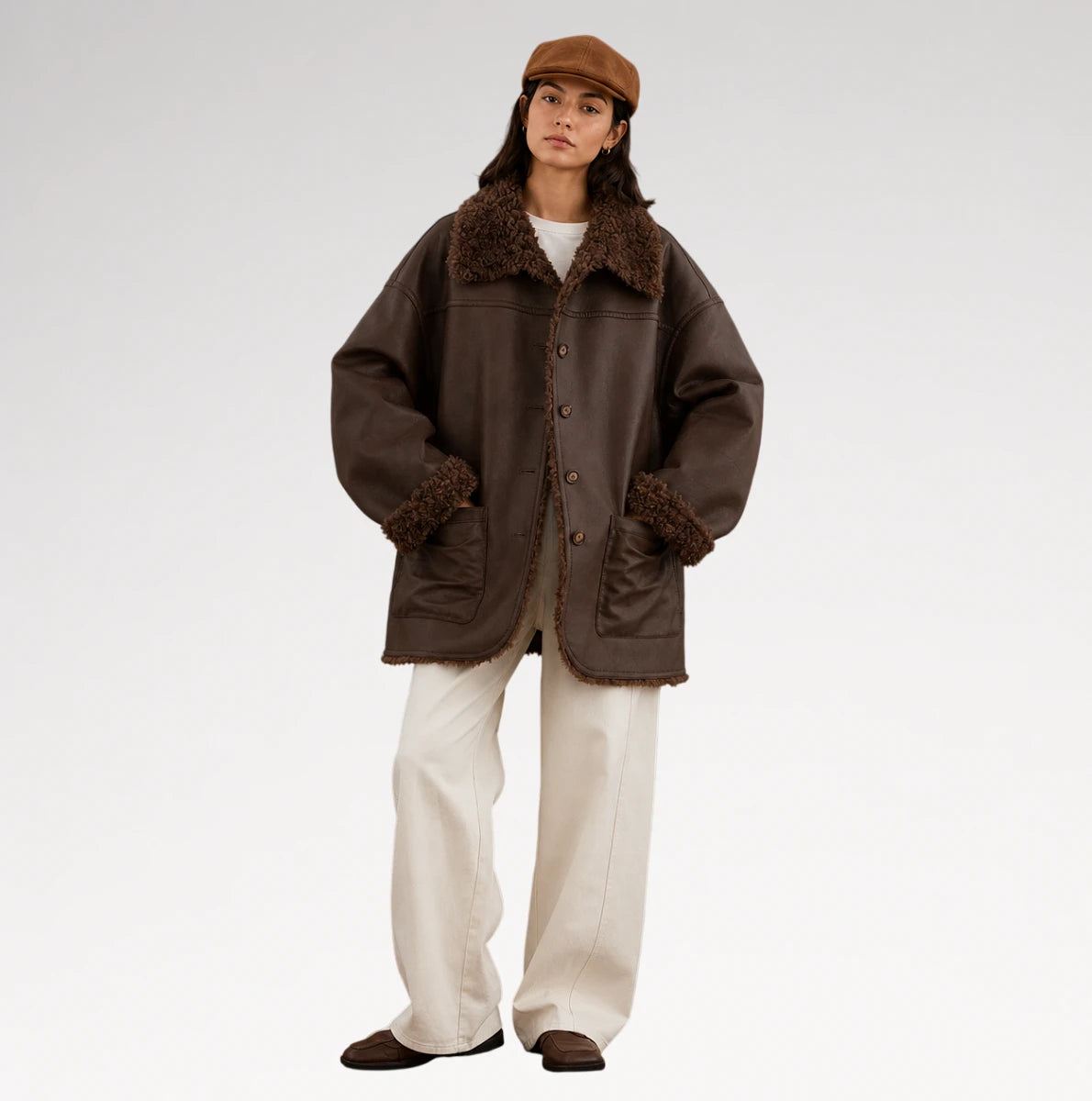 A model stands against a light gray studio background wearing an oversized dark brown jacket with a brown faux-fur collar and cuffs, paired with cream wide-leg trousers, a brown cap, and dark brown shoes.