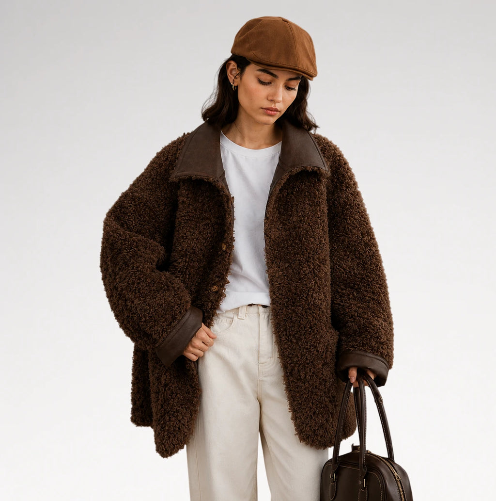 A woman wearing a brown teddy-textured shearling jacket over a white t-shirt and cream pants, paired with a brown flat cap and holding a dark brown handbag, set against a plain light gray studio background.