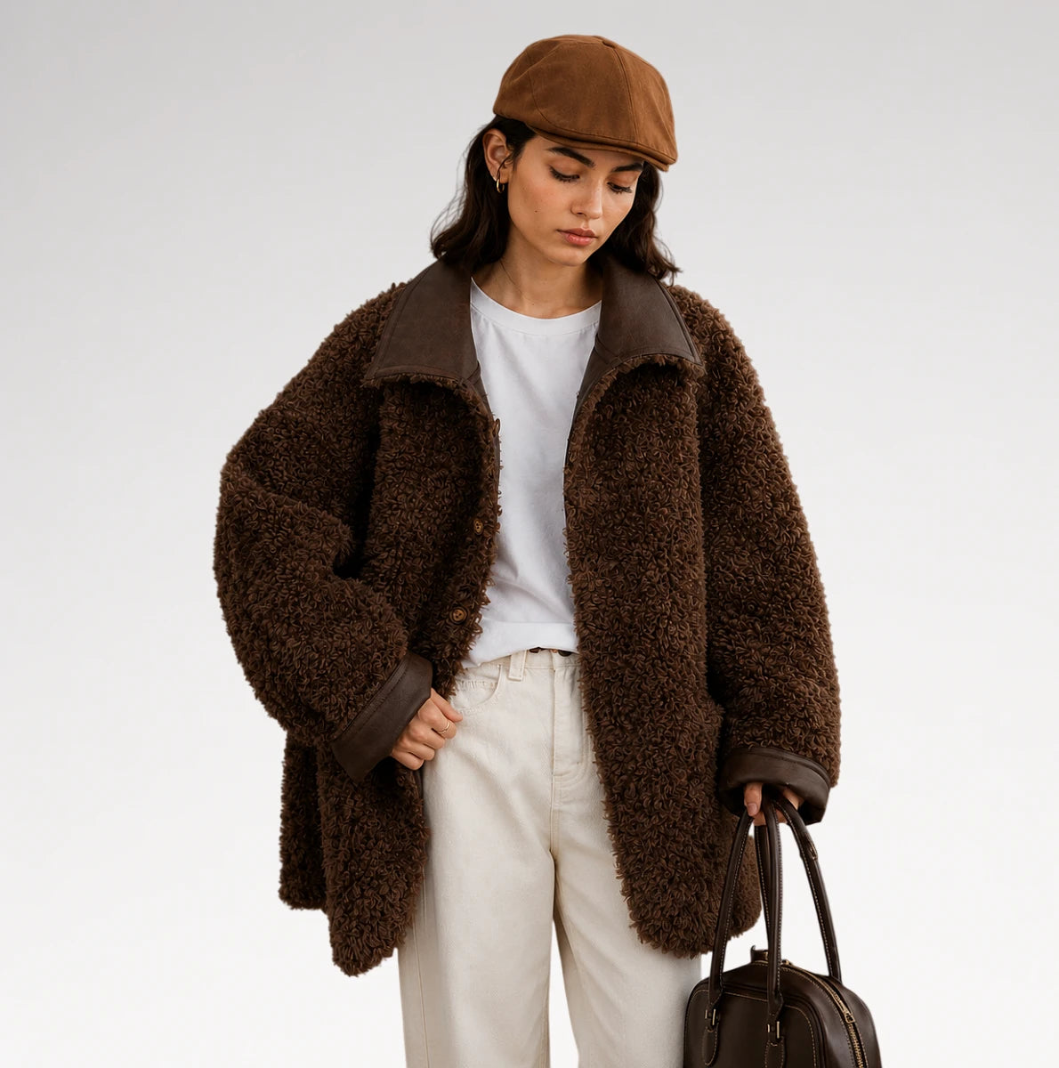 A woman wearing a brown teddy-textured shearling jacket over a white t-shirt and cream pants, paired with a brown flat cap and holding a dark brown handbag, set against a plain light gray studio background.