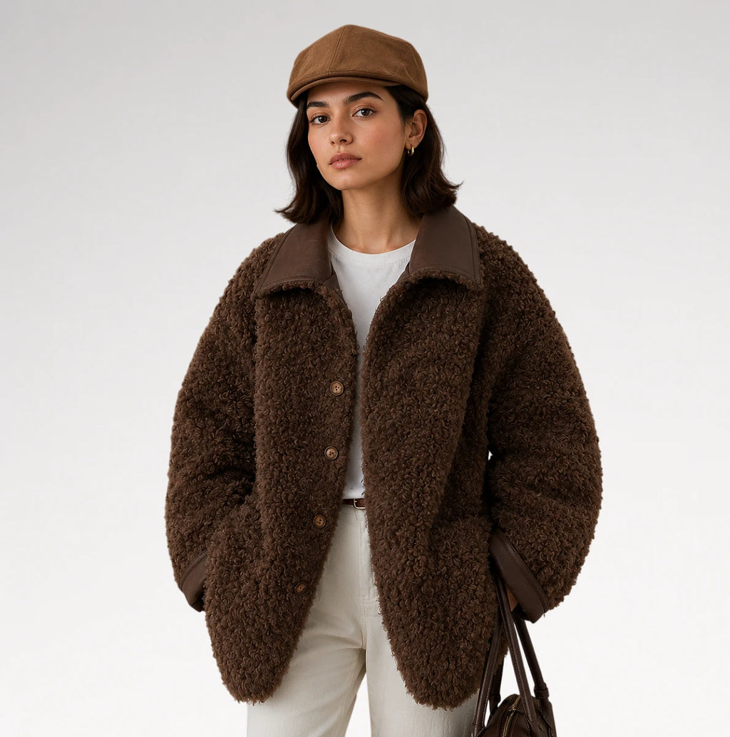 A woman wearing a brown teddy-textured shearling jacket with brown collar and button details, a brown newsboy cap, a white top, and off-white trousers, holding a dark brown shoulder bag against a light gray studio background.